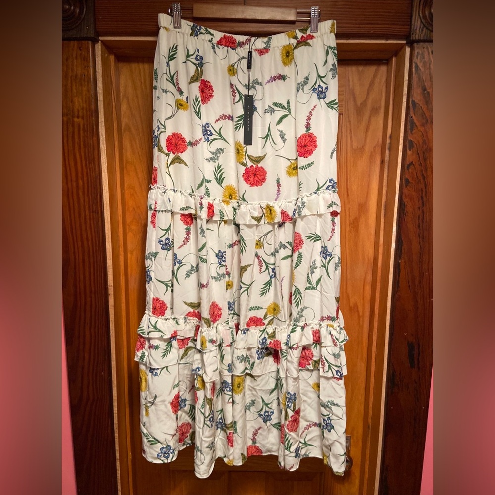 ELIE TAHARI SILK RUFFLE MIDI LONG LENGTH $425 New Large L White Floral